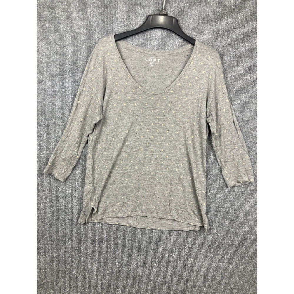 Ann Taylor Loft Women Size Medium Gray w/ Gold Polka Dot 3/4 Sleeve Shirt